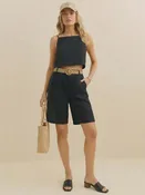 Belted Pleated Linen Blend Bermuda Shorts