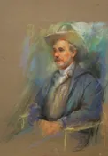 Older man in cowboy hat and blue overcoat