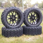 14 Inch Glossy Black Fusion Golf Cart Wheels With 23x10-14 All Terrain Tires, Set of 4
