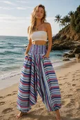 Aladdin Pants Blue Red Stripe – Boho Baggy High-Waist Cotton Genie Pants Unisex S/M/L
