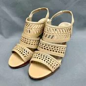 Adrienne Vittadini Nude Leather Caged Wood Heel Sandals sz 7.5 NWOB