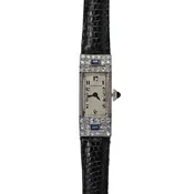 Art Deco 18K White Gold Diamond and Sapphire Wristwatch for Black Starr & Frost