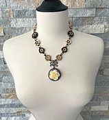 "REGENCY VICTORIAN" OOAK - Beautiful Czech Glass, Flower Mix Beads, Swarovski Crystal with 3-D Rose Pendant Designer Necklace —