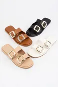 CLEARANCE FINAL SALE Adira Gold Buckle Strap Slip-on Sandals - Black