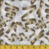 Christmas Gold Ribbons Silver Snowflakes on Cream 100% Cotton Fabric By the yard