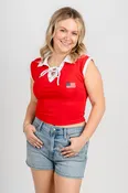 American flag collared crop top red/white