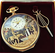 Arnex Swiss Gold Plated Open Face Musical Pocket Watch w/Automaton, pre-Reuge Edition, with original Arnex Box and lyre form key, c. 1980, 116.5g