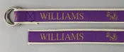 Canvas belt with D-ring adjustment and repeating Williams & cow mascot. Sizes S - XL.
