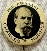 1916 7/8" FOR PRESIDENT CHARLES E HUGHES REAL PHOTO BUTTON, NR MINT W/BACK PAPER
