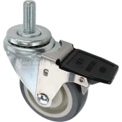 3-1/2" x 1-1/4" Grey Polyurethane Wheel Swivel Caster w/ Face Contact Brake, 16mm-2.0 x 1-1/2" Threaded Stem - 300 lbs Capacity