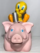 vintage 2000 Warner Brothers Looney Tunes Tweety Bird on pink pig piggy bank