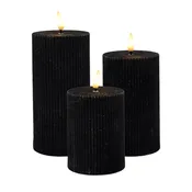 Battery-Operated Black Fluted Pillar Candles - Set of 3