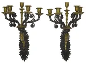 A Pair of Nicely Cast and Chased Gilt and Patinated Bronze Five (5) Light Sconces