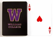 Deck of official Poker size playing cards with purple & gold embossed W & Williams College on the black backs.