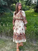 Autumn Bloom Smocked Floral Midi Dress with Pockets
