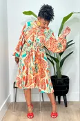 Abstract Leaf Pleat Belted Dress (One Size)