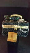 Italian Black Beaded Purse with Cat Eye Glasses and Rhinestone Jewelry
