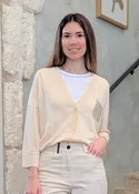 3/4 Length Sleeve Cotton Blend Cardigan with Chain-Accented Pocket in Quartz Sand