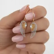 10k 2 Tone Yellow And White Gold Diamond Cut Angel Wings Drop Earrings