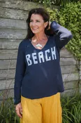 "BEACH" V Neck Sweater Royal Nvy/WT