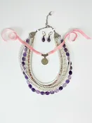 Ukrainian Folk Jewelry Set:  8-Strand Beaded Necklace with Matching Amethyst Earrings and a Velvet Choker with Coin — Suzanne Crane Fine Stoneware
