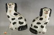 A Pair of Antique English Staffordshire Disraeli Black and White Spaniels, c1860