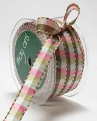 1/2" Taupe, Green & Pink Gingham Checkered Ribbon