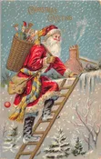 “Christmas Greeting” Santa With Toys On Ladder To Chimney, Vintage PC U22130