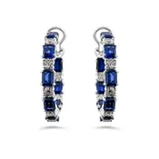 Alternating Sapphire Emerald-Cut and Colorless Round Hoop Earrings