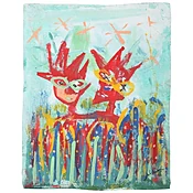 1999 “Together at Last” Neo Expressionist Folk Art Painting on mixed media by Julie Hermoso