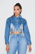 Cropped Embellished Pocket Denim Jacket - Blue