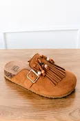 Sadie Western Fringe Beaded Flat Mules in Tan