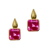 18K Yellow Gold Crownwork® 9mm Emerald Cut Pink Topaz Earrings on Teardrop Post