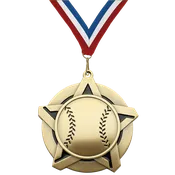 2.25" Baseball Star Medal – Gold, Silver & Bronze with 30 Ribbon Options