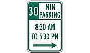 30 Minute Parking with Times 8:30 A.M. to 5:30 P.M. and Right Arrow Sign