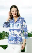 3/4 Sleeve Ikat With Elephant Print Blues And White