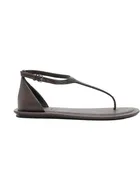 Beaded Leather T-strap Sandals in Dark Brown