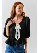 Jacquard Puffy Sleeve Bow Tie Top W/Ruffle Hem - Black