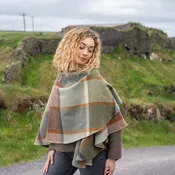 100% Lambswool Sue Cape - Green, Brown, Orange & Cream Check