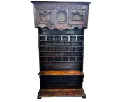 18th Century, Antique French Freestanding Open Cupboard, Featuring Detailed Floral Carving, Punched Metal Doors.  4 Open Dish Rack with Dovetail Flatware Slots.  Peg, Mortise and Tenon Construction — White Barn Antiques