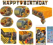 Jurassic World Dinosaur Birthday Party Supplies Decoration Deluxe Bundle includes Dessert Plates, Lunch Plates, Beverage Cake Napkins, Lunch Napkins, Table Cover, Happy Birthday Banner (Bundle for 16)