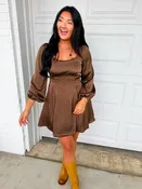 Abstract Dotted Long Sleeve Mini Dress - Chestnut