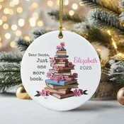 Dear Santa, One More Book Pink Floral Ceramic Ornament