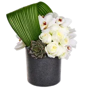 AF 150-21 White Roses And Cymbidium Orchids In Textured Black Vase Floral Arrangement