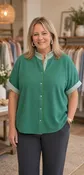 Umgee Textured Jacquard Scallop-Trim Button-Down Top – Kelly Green