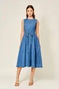 Belted Paneled Denim Midi Dress by Aaron & Amber