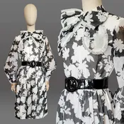 1960s Floral Dress / 1960s Black and White Cotton Floral Dress with Bow / Coquette Dress / Size Medium Large