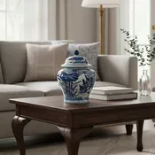 15.5" Blue & White Bamboo Floral Wide Ceramic Ginger Jar