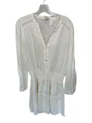 120% Lino Size L White Linen Long Sleeve Mini Button Embroidered Dress