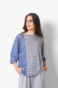Blue Geometric Knitted Linen T-Shirt